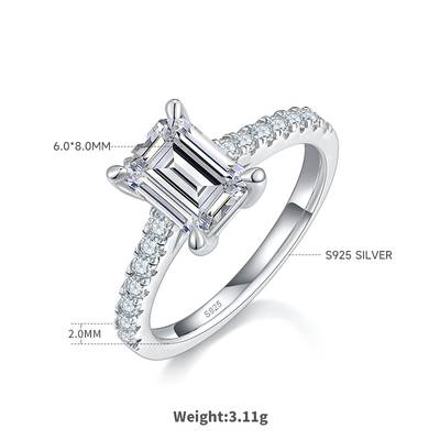 Micro inlaid Rectangle Moissanite women's Engagement ring 2.0 carats D-grade in S925 silver